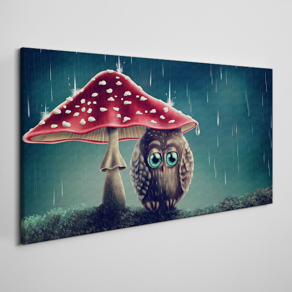 An Owl Under a Mushroom in the Rain Print on canvas