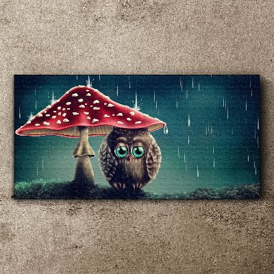 An Owl Under a Mushroom in the Rain Print on canvas