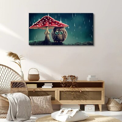 An Owl Under a Mushroom in the Rain Print on canvas