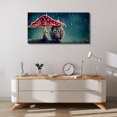 An Owl Under a Mushroom in the Rain Print on canvas