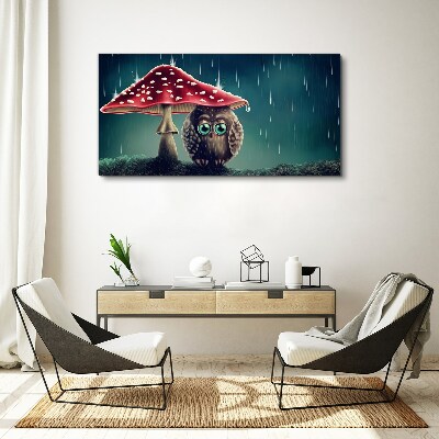 An Owl Under a Mushroom in the Rain Print on canvas