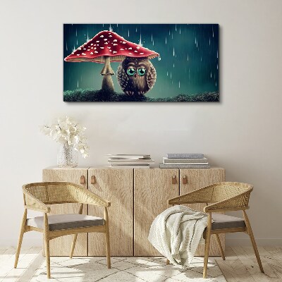 An Owl Under a Mushroom in the Rain Print on canvas