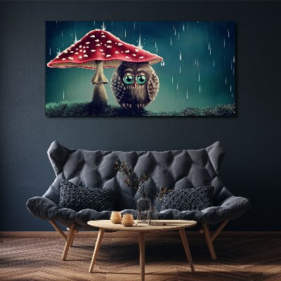 An Owl Under a Mushroom in the Rain Print on canvas