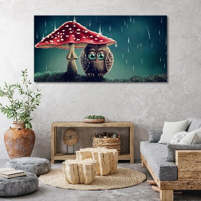 An Owl Under a Mushroom in the Rain Print on canvas