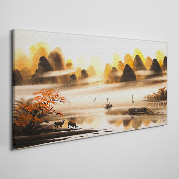A peaceful landscape with mountains and water Canvas wall art