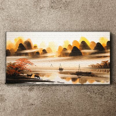 A peaceful landscape with mountains and water Canvas wall art