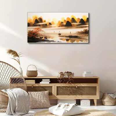 A peaceful landscape with mountains and water Canvas wall art