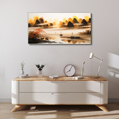 A peaceful landscape with mountains and water Canvas wall art