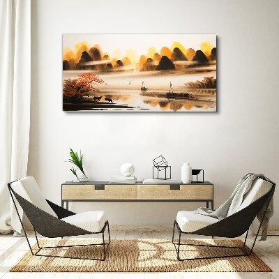 A peaceful landscape with mountains and water Canvas wall art