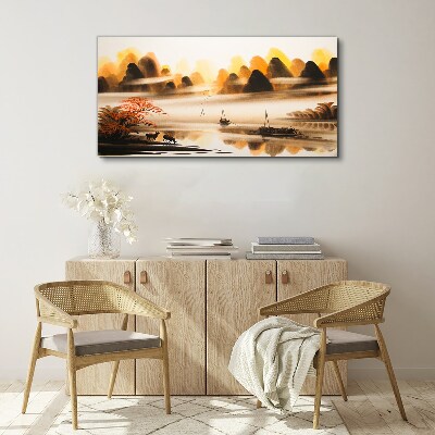 A peaceful landscape with mountains and water Canvas wall art