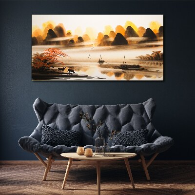 A peaceful landscape with mountains and water Canvas wall art