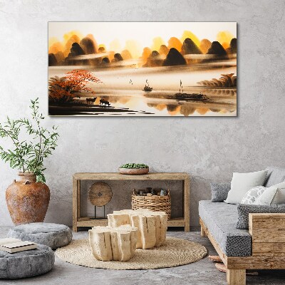 A peaceful landscape with mountains and water Canvas wall art