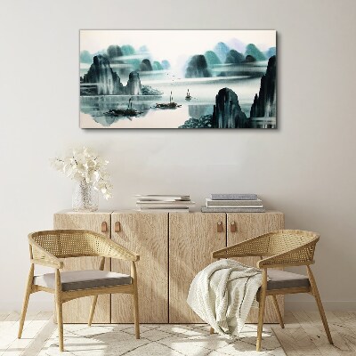 A peaceful lake in a mountain landscape Print on canvas