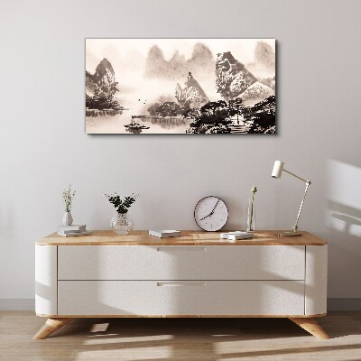 A peaceful mountain landscape in monochrome Canvas wall art