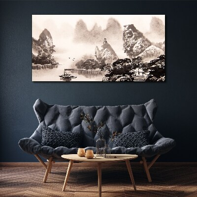 A peaceful mountain landscape in monochrome Canvas wall art