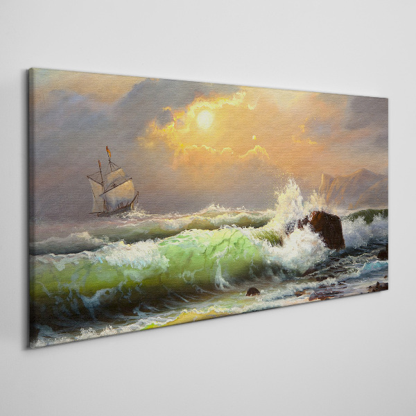 Stormy sea with a sailing ship Print on canvas