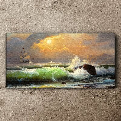 Stormy sea with a sailing ship Print on canvas