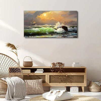 Stormy sea with a sailing ship Print on canvas