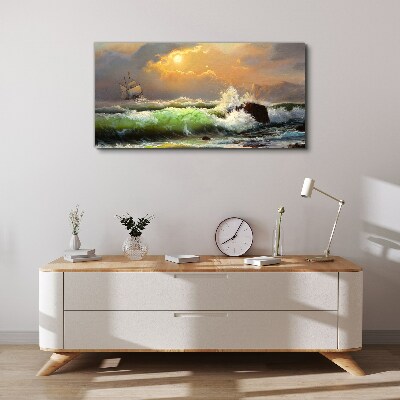 Stormy sea with a sailing ship Print on canvas