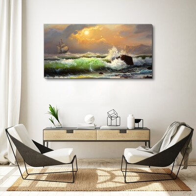 Stormy sea with a sailing ship Print on canvas