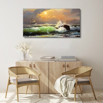 Stormy sea with a sailing ship Print on canvas