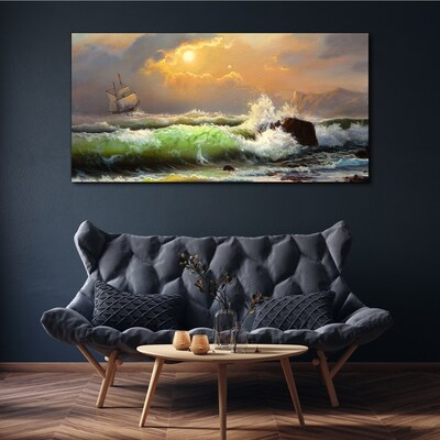 Stormy sea with a sailing ship Print on canvas