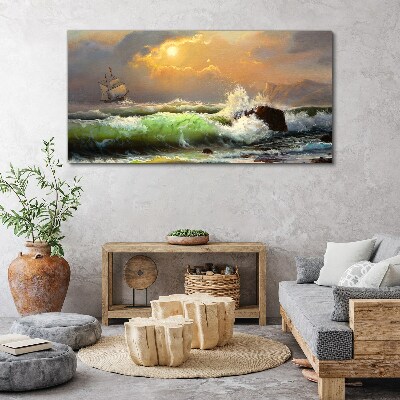 Stormy sea with a sailing ship Print on canvas