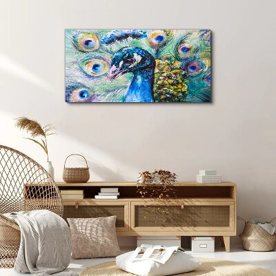 Colorful peacock among feathers Print on canvas