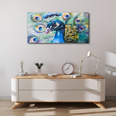 Colorful peacock among feathers Print on canvas