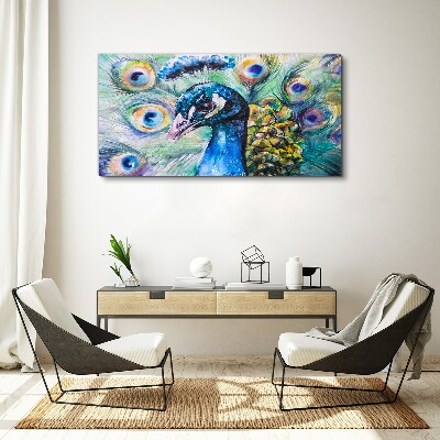 Colorful peacock among feathers Print on canvas