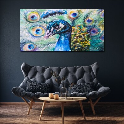Colorful peacock among feathers Print on canvas