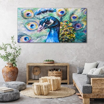 Colorful peacock among feathers Print on canvas
