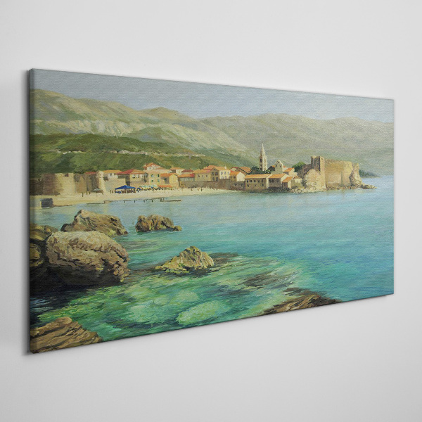 Seaside landscape with mountain hills Print on canvas