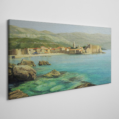 Seaside landscape with mountain hills Print on canvas