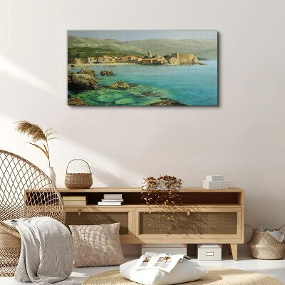 Seaside landscape with mountain hills Print on canvas