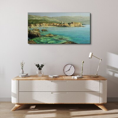 Seaside landscape with mountain hills Print on canvas