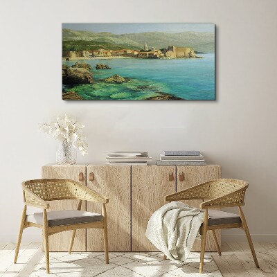 Seaside landscape with mountain hills Print on canvas