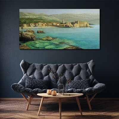 Seaside landscape with mountain hills Print on canvas