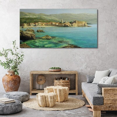 Seaside landscape with mountain hills Print on canvas