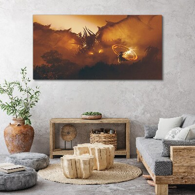 Dragon in the fire of a magical ritual Canvas wall art