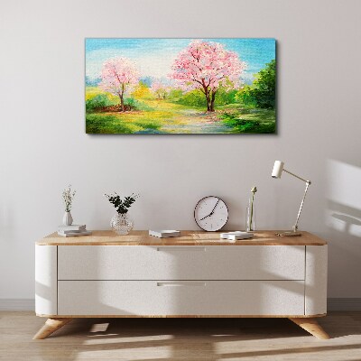 Spring trees in pink blossom Canvas wall art