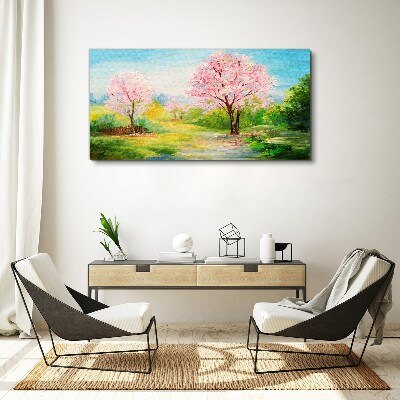 Spring trees in pink blossom Canvas wall art