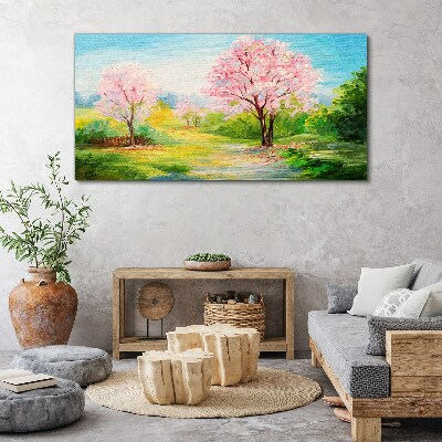 Spring trees in pink blossom Canvas wall art