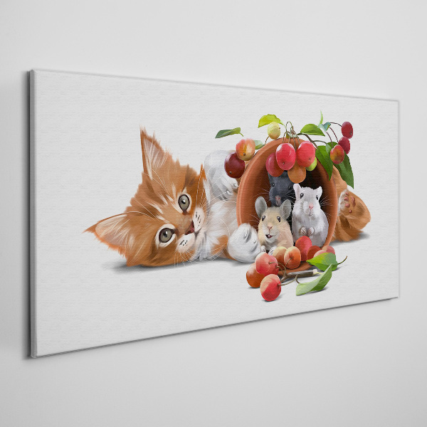 Cat with mice and fruit Canvas wall art