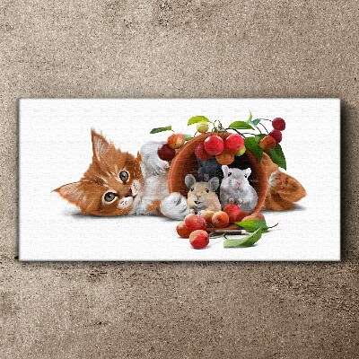 Cat with mice and fruit Canvas wall art