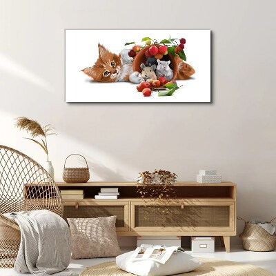 Cat with mice and fruit Canvas wall art