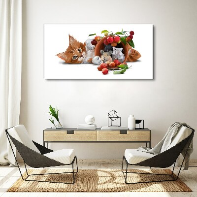 Cat with mice and fruit Canvas wall art