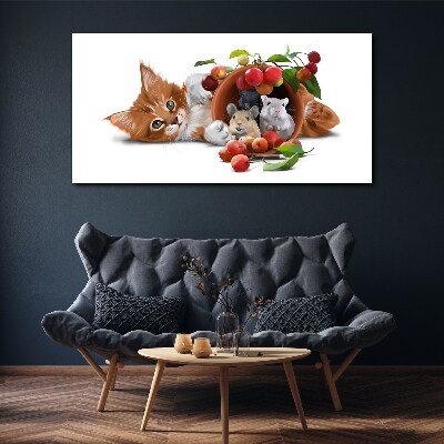 Cat with mice and fruit Canvas wall art