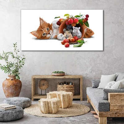 Cat with mice and fruit Canvas wall art