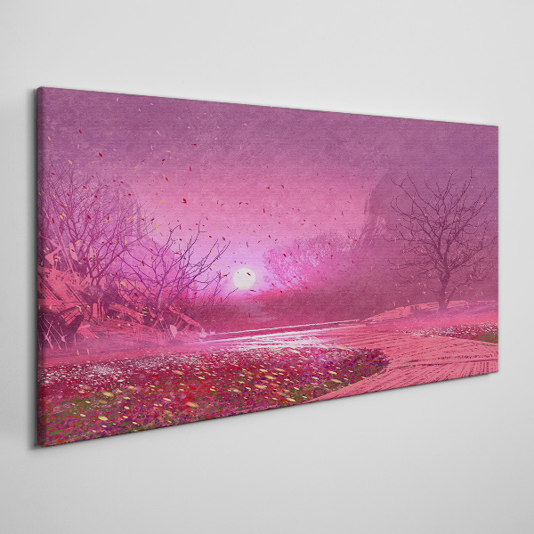 Pink fog over the spring landscape Print on canvas